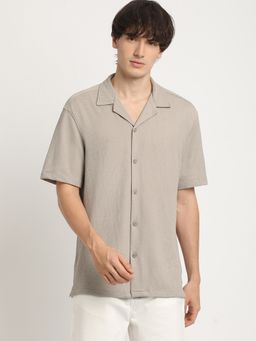 The Bear House - Men Beige Textured Regular Fit Casual Shirt