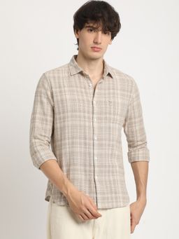The Bear House - Men Beige Checked Slim Fit Casual Shit