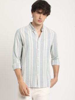 The Bear House - Men Grey Striped Slim Fit Casual Shirt