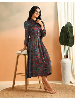 Fabindia - Indigo Rayon Blend Ajrakh Midi Dress