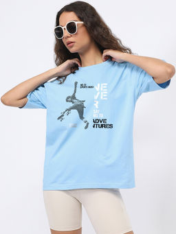 Nobero - Women Oversized Blue Graphic Back Print T-Shirt