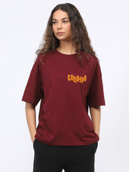 Nobero - Women Maroon Oversized Graphic Back Print T-Shirt
