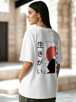 Nobero - Women White Oversized Graphic Print T-Shirt
