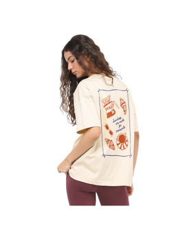 Nobero - Women Beige Oversized Graphic Print T-Shirt