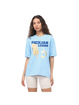 Nobero - Blue Women Oversized Graphic Print T-Shirt