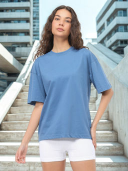 Nobero - Women Blue Oversized Solid T-Shirt