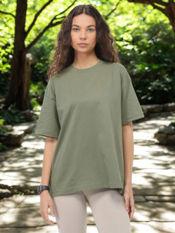 Nobero - Women Green Oversized Solid T-Shirt