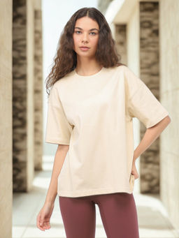 Nobero - Women Beige Oversized Cotton T-Shirt