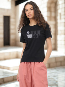 Nobero - Women Black Typography T-Shirt