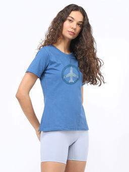Nobero - Women Graphic Printed Blue T-Shirt