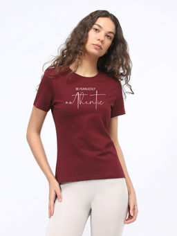 Nobero - Women Maroon Typography T-Shirt