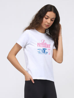 Nobero - Women White Graphic Printed T-Shirt