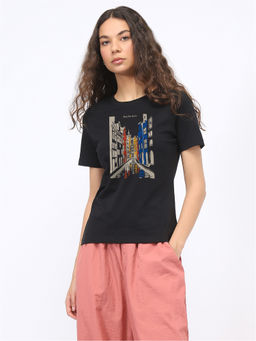 Nobero - Women Black Graphic Printed T-Shirt