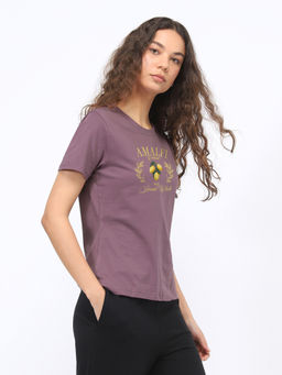 Nobero - Women Purple Graphic Printed T-Shirt