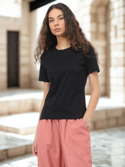 Nobero - Women Black Cotton Solid T-Shirt