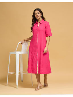 Fabindia - Pink Cotton Solid Slim Fit Midi Dress