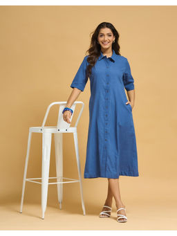 Fabindia - Blue Cotton Solid Slim Fit Midi Dress