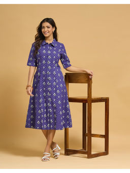 Fabindia - Navy Blue Cotton Printed Slim Fit Midi Dress