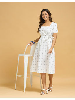 Fabindia - Off White Cotton Printed Slim Fit Midi Dress