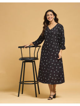 Fabindia - Black Viscose Printed Midi Dress