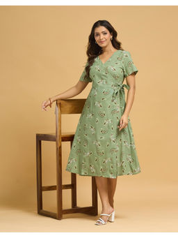Fabindia - Green Cotton Printed Slim Fit Midi Dress