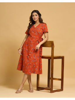 Fabindia - Rust Cotton Printed Slim Fit Midi Dress