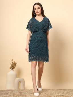 Gipsy - Bottle Green with Front Pleated and Half Sleeve Dress
