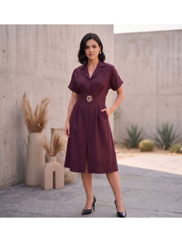 AAREIN - Burgundy Lapel Collar Embellished Dress