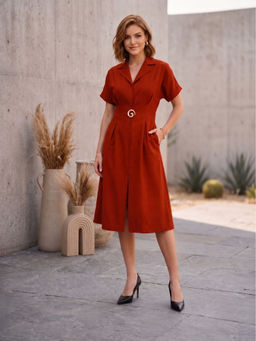AAREIN - Rust Lapel Collar Embellished Dress