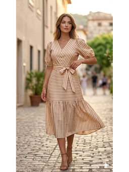 AAREIN - Brown Playful Stripe V-Neck Dress with Belt