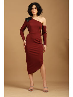 BLANC9 - Maroon One-Shoulder Floral Embellished Dress