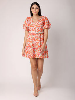 BLANC9 - Orange Floral Dress With Belt
