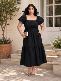 Virgio - Black Solid Cotton Puff Sleeve Maxi Plus Size Dress