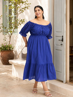Virgio - Blue Solid Cotton Schiffli Midi Plus Size Dress