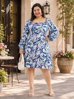 Virgio - Multi-Color Tropical Viscose Printed Square Neck Plus Size Dress