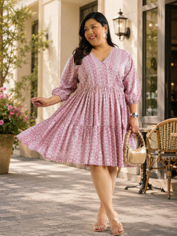 Virgio - Pink Geometric Viscose Printed V-Neck Midi Plus Size Dress