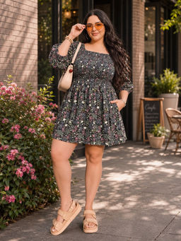 Virgio - Multi-Color All Over Print Viscose Printed Smocked Plus Size Dress