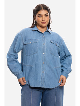 Virgio - Women Blue Solid Cotton Denim Plus Size Shirt