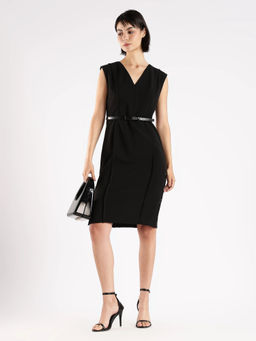 Calvin Klein - Polyester Black V-Neck Sheath Dress with Belt