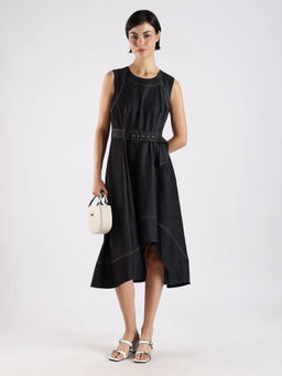 Calvin Klein - Polyester Navy Blue Round Neck Dress with Belt