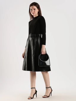 Calvin Klein - Polyester Black High-Neck A-Line Dress with Belt