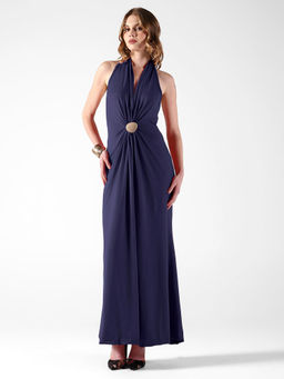 SHOWOFFFF - Women's Black Halter Neck with Draped Waist Dress
