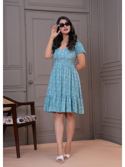 Meeranshi - Women Teal Floral Rayon Dress