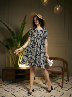 Meeranshi - Women Black Floral Viscose Rayon Dress