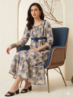 Meeranshi - Women Beige Floral Viscose Rayon Dress