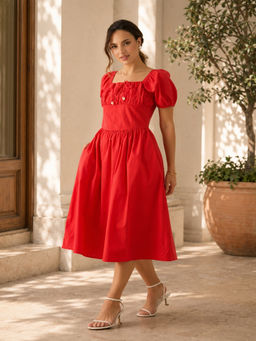 Virgio - Red Solid Cotton Voluminous Midi Dress