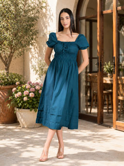 Virgio - Blue Solid Cotton Midi Dress With Puff Sleeves