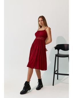 Virgio - Maroon Solid Cotton Dress