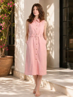 Virgio - Pink Solid Cotton Front Open Twill Dress With Belt