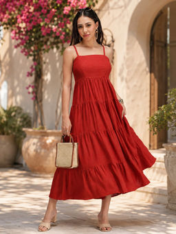 Virgio - Rust Solid Linen Strappy Maxi Sleeveless Dress